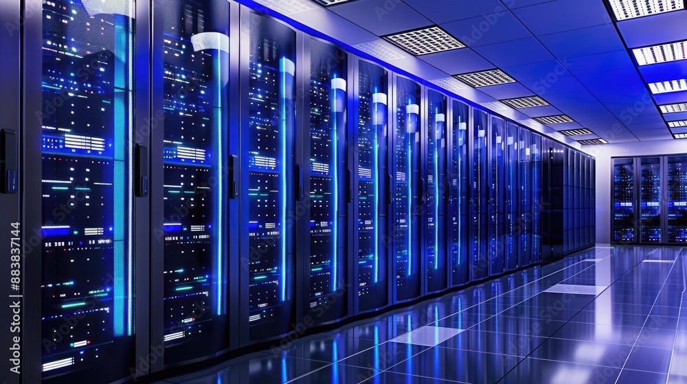A sleek, modern data center with rows of servers and blue LED lighting A sleek, modern data center with rows of servers and blue LED lighting