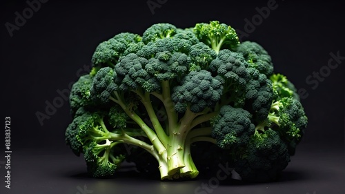 8K Ultra HD detailed. 3D realistic broccoli plant in black background with empty space text