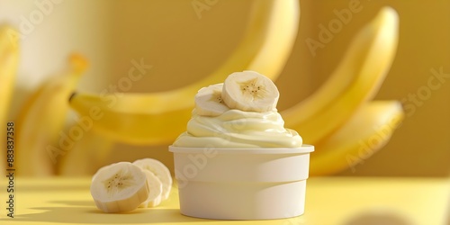 3D label advertising fresh fruit yogurt or smoothie with ripe bananas. Concept Food Advertising, Fruit Promotion, 3D Graphics, Yogurt Advertisement, Healthy Eating photo