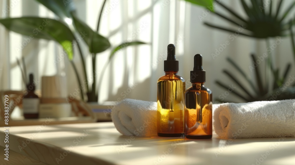 Essential Oil Bottles on Wooden Table with White Towels Essential Oil Bottles on Wooden Table with White Towels