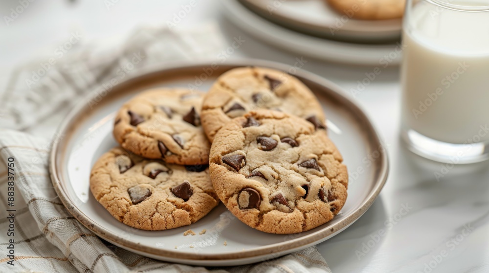Cozy Cookie Break - Flatlay of Delicious Cookies, Glass of Milk, and Napkin on White Surface, Perfect for Snack Concept