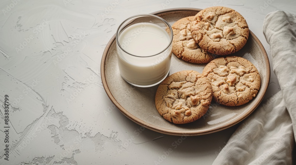 Cozy Cookie Break - Flatlay Composition of Delicious Cookies, Milk Glass, and Napkin on White Background for Relaxation and Snack Time Concepts Cozy Cookie Break - Flatlay Composition of Delicious Cookies, Milk Glass, and Napkin on White Background for Relaxation and Snack Time Concepts