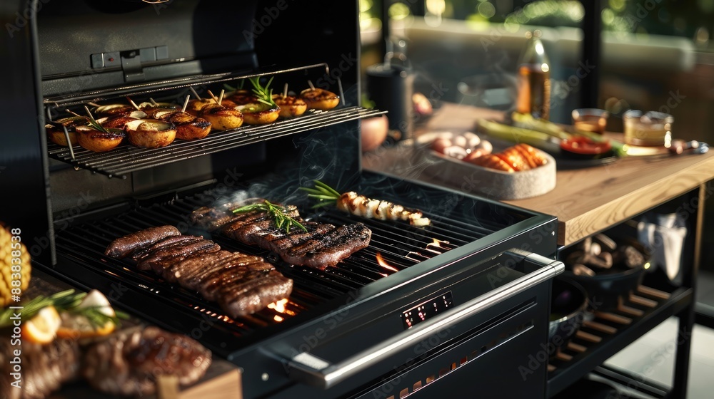 A smart electric grill that automatically adjusts temperature for different types of food A smart electric grill that automatically adjusts temperature for different types of food