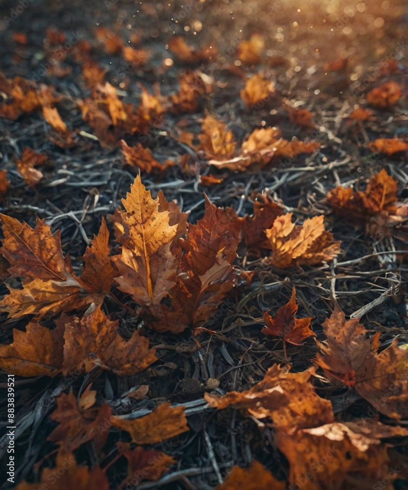 Autumn scene with colorful leaves on the ground, in the forest, and floating in the water Autumn scene with colorful leaves on the ground, in the forest, and floating in the water