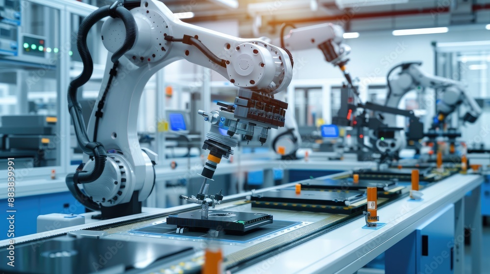 A state-of-the-art robotics lab with advanced machinery assembling electronics A state-of-the-art robotics lab with advanced machinery assembling electronics