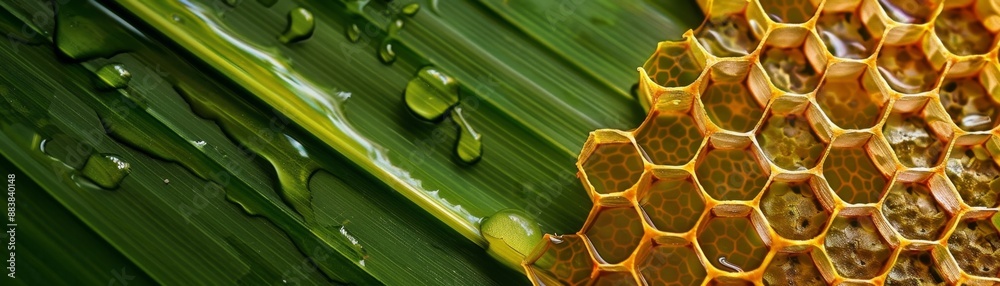 Vibrant Honeycomb on Pandan Leaves - Detailed Close-up of Golden and Green Patterns Vibrant Honeycomb on Pandan Leaves - Detailed Close-up of Golden and Green Patterns