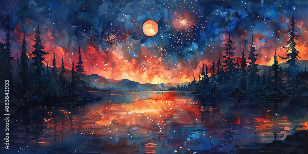 Fototapeta premium 夜空に広がる花火の水彩画