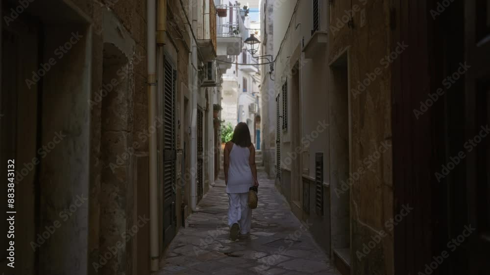A young hispanic woman walks down a narrow, picturesque street in polignano a mare, puglia, italy, holding a handbag, surrounded by historic stone and white buildings.