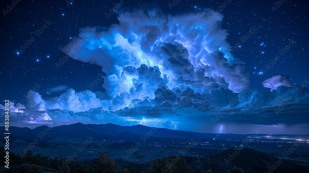 Massive storm cloud with lightning illuminating night sky over mountain ...