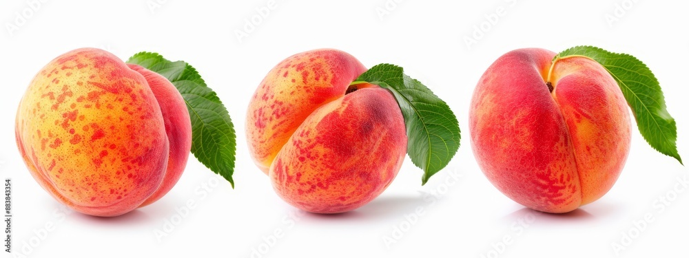 A group of peaches with green leaves against a white backdrop One peach is sliced in half, revealing its pink flesh, while the other remains whole A group of peaches with green leaves against a white backdrop One peach is sliced in half, revealing its pink flesh, while the other remains whole