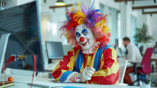 Clown sits at a computer at the office