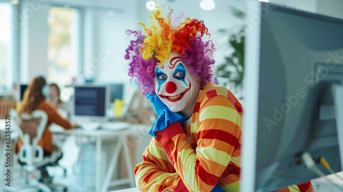 Clown sits at a computer at the office
