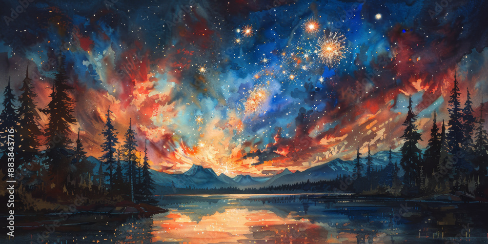 Fototapeta premium 夜空に広がる花火の水彩画