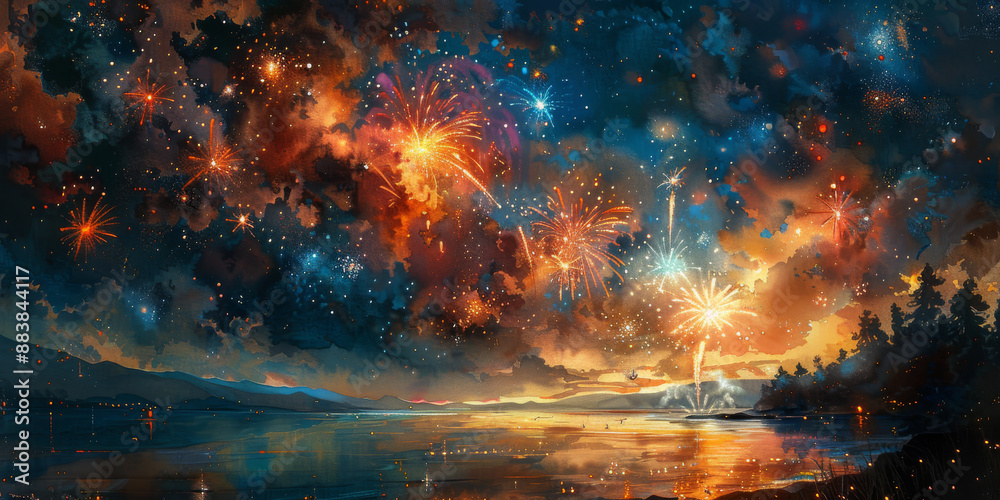 Fototapeta premium 夜空に広がる花火の水彩画