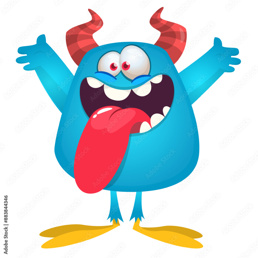 Cartoon happy monster with long tongue sticking out of the mouth ...