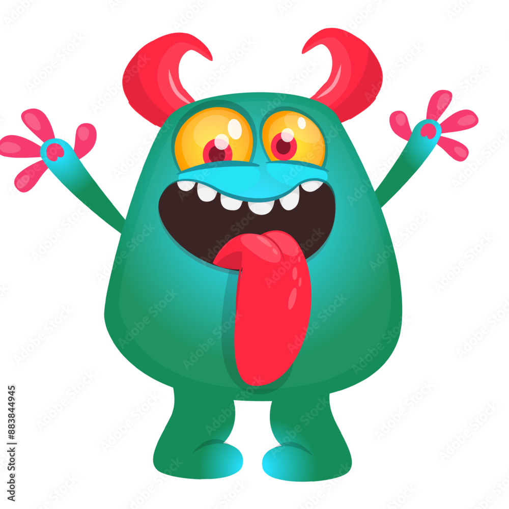 Fototapeta premium Cartoon happy monster with long tongue sticking out of the mouth. Vector illustration isolated on white. For Halloween party or package design