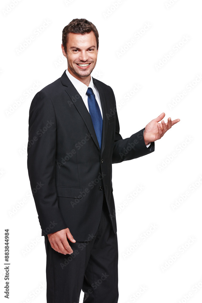 Salesman, smile and pointing for advertising, marketing and mockup space with product or brand. Business man, portrait and happy in studio on white background for consulting, professional and career. Salesman, smile and pointing for advertising, marketing and mockup space with product or brand. Business man, portrait and happy in studio on white background for consulting, professional and career.