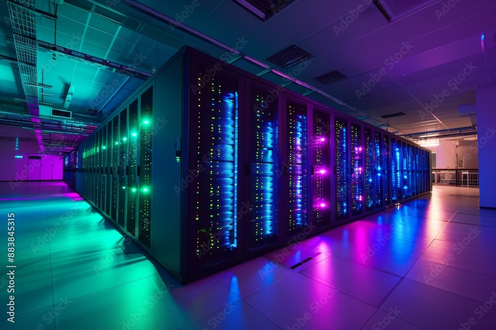 Fototapeta premium Supercomputer capable of advancing scientific research, An expansive room housing multiple server rows, AI generated