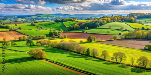 Vibrant green agricultural fields in the Herefordshire countryside during springtime, Herefordshire, countryside, England