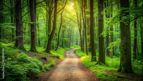 A serene path winding through a lush green forest , nature, trail, trees, peaceful, adventure, hiking, exploration, woods