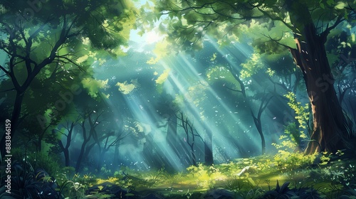 Enchanting Sunlit Forest - Beautiful Digital Illustration of Morning Light in a Verdant Forest © Qstock