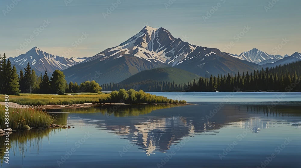 A painting of a mountain lake with a mountain A painting of a mountain lake with a mountain