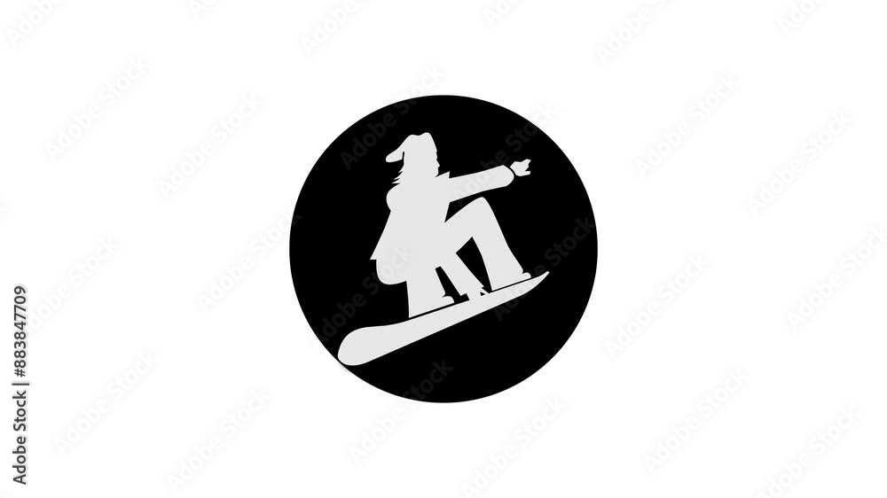 Snowboarding icon black color simple shape circle animation white background