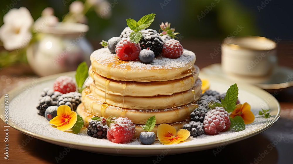 Delicious pancakes stacked with fresh berries, mint leaves, and dusted with powdered sugar on a plate. Delicious pancakes stacked with fresh berries, mint leaves, and dusted with powdered sugar on a plate.