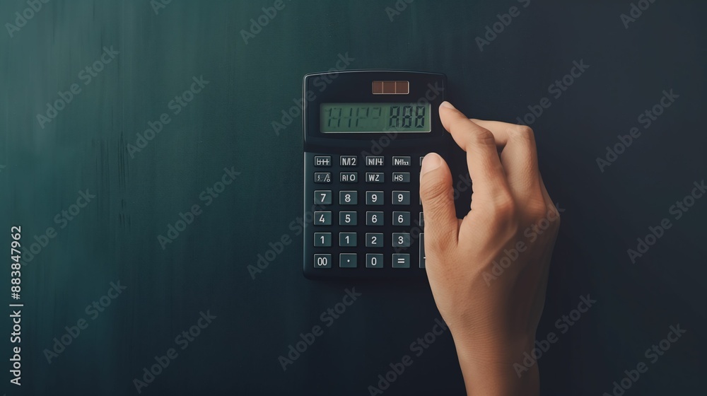 Hand Pressing a Calculator Button with a Green Background Hand Pressing a Calculator Button with a Green Background