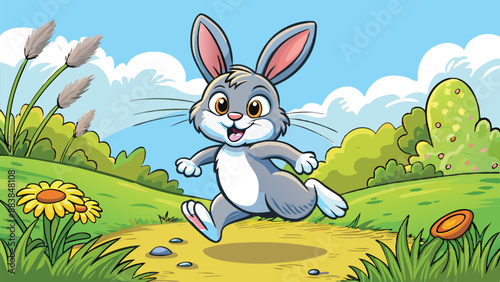 Cute bunny hopping through a field cartoon, on isolated white background vector art illustration.AI GENERATED