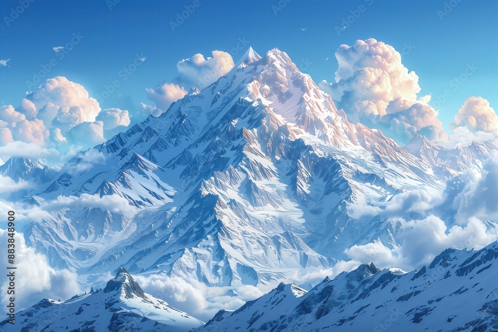 Obraz premium Mountains Enduring Elements Vector illustration of a rugged mountain range enduring various weather conditions, symbolizing natural strength and resilience.