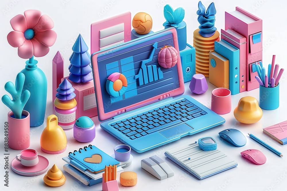 Illustration style brief in 3D vectors of office supplies, such as a laptop, notepad, and pen, with bevel effects, drop shadows, and vibrant colors, white background, 3D Rendering, isometric Illustration style brief in 3D vectors of office supplies, such as a laptop, notepad, and pen, with bevel effects, drop shadows, and vibrant colors, white background, 3D Rendering, isometric