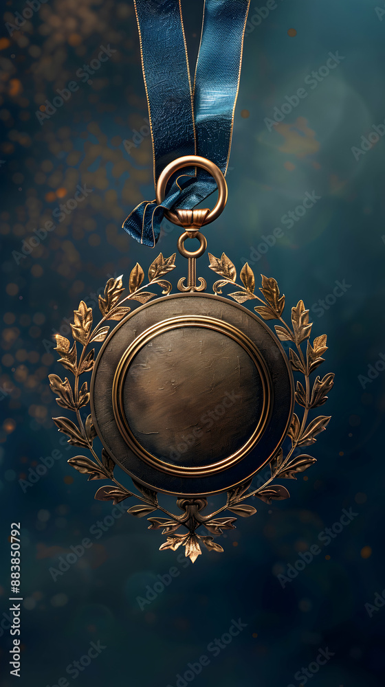 Fototapeta premium Golden Medal with Ribbon and Trophy on Whimsical Background for Creative Projects Photo Stock Concept