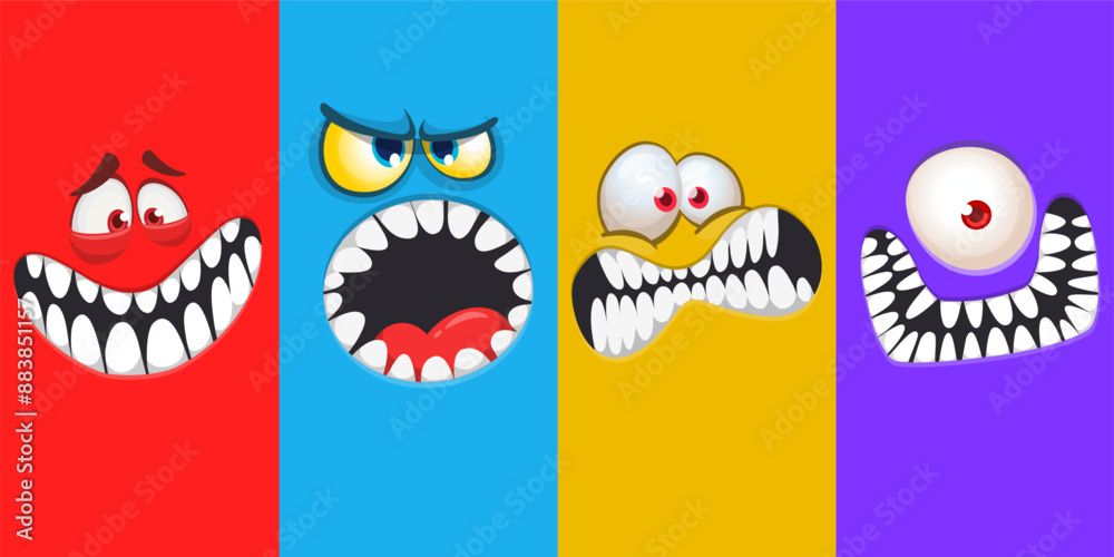 Cartoon monsters and aliens faces set with funny expressions and opened mouth blank space for text. Great for package design or party decoration. Vector isolated Cartoon monsters and aliens faces set with funny expressions and opened mouth blank space for text. Great for package design or party decoration. Vector isolated
