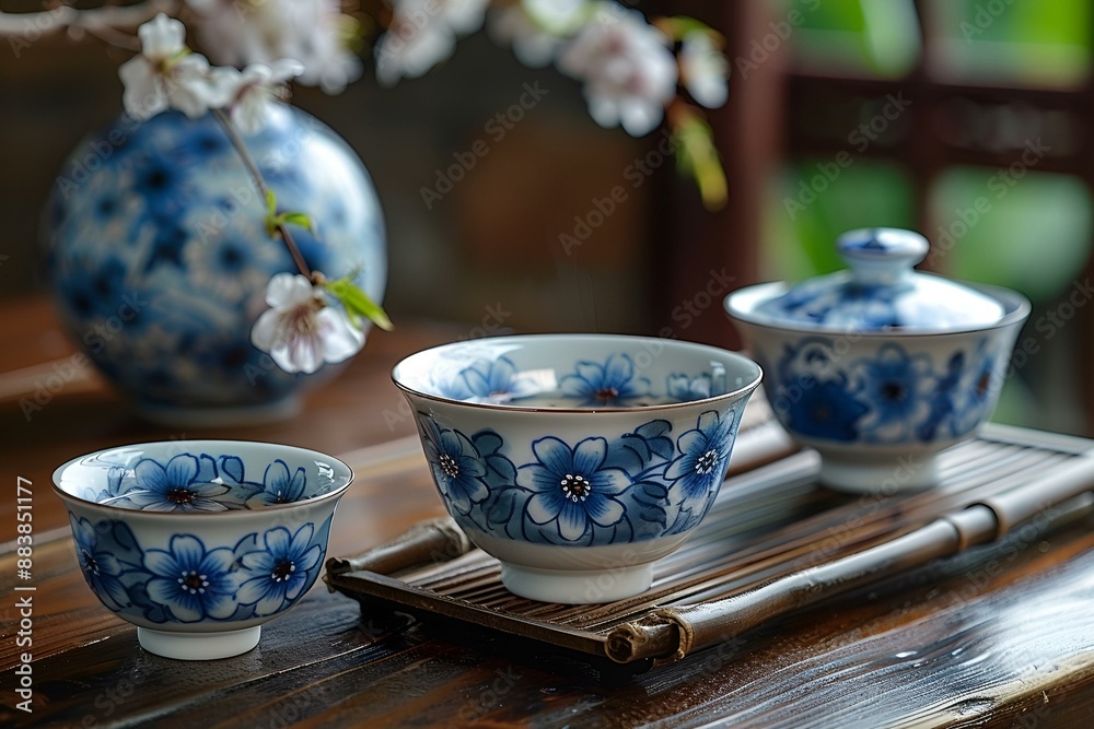 Blue and white porcelain tea cups and saucers arranged neatly on a table. Blue and white porcelain tea cups and saucers arranged neatly on a table.