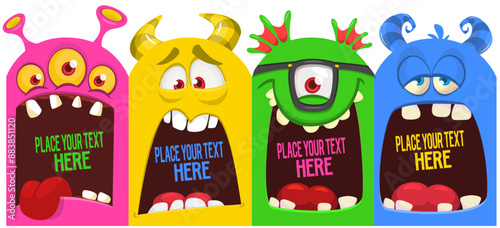 Cartoon monsters and aliens faces set with funny expressions and opened mouth blank space for text. Great for package design or party decoration. Vector isolated