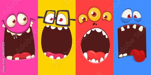 Cartoon monsters and aliens faces set with funny expressions and opened mouth blank space for text. Great for package design or party decoration. Vector isolated