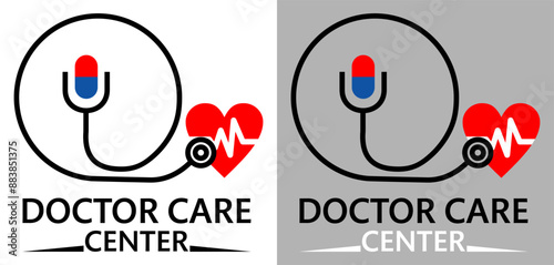 Doctor care Heart shape with thin line stethoscope illustration vector logo.