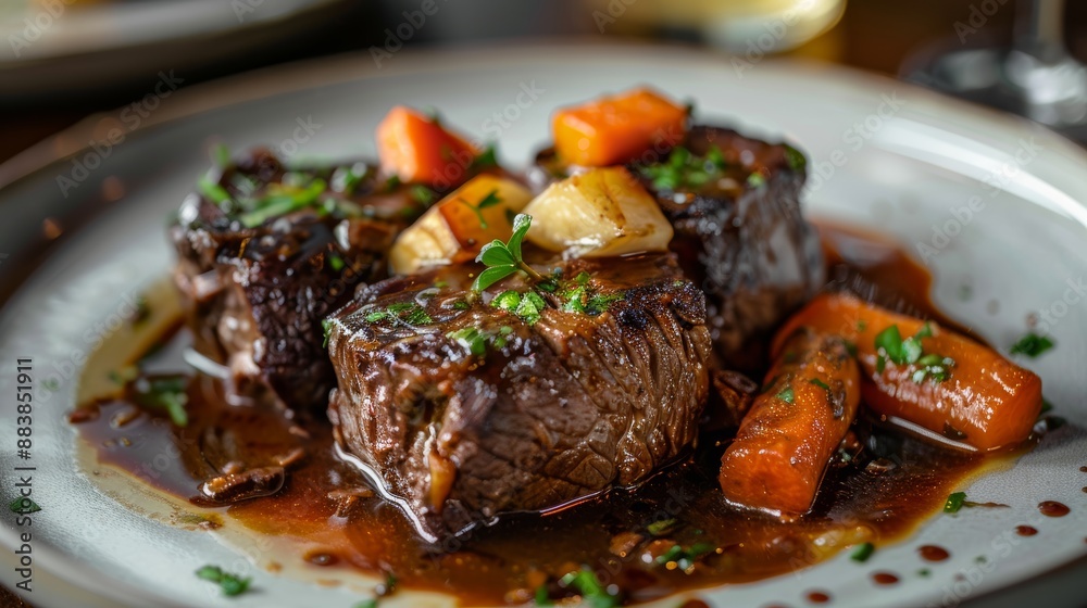 A plate of braised beef with carrot A plate of braised beef with carrot