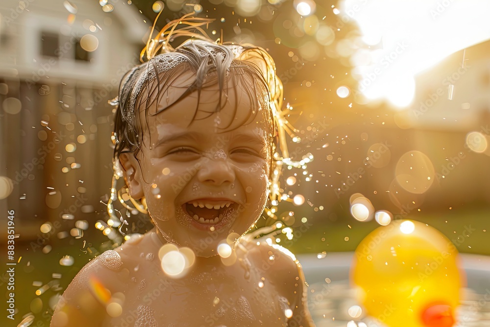 Child Laughing While Splashed by Water Balloon Child Laughing While Splashed by Water Balloon