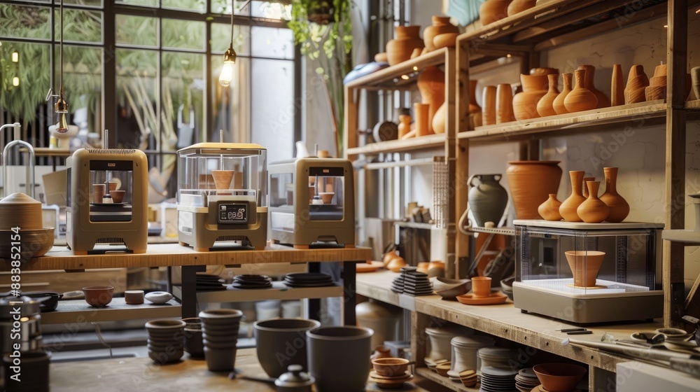A high-tech pottery studio with 3D clay printers and digital sculpting tools A high-tech pottery studio with 3D clay printers and digital sculpting tools