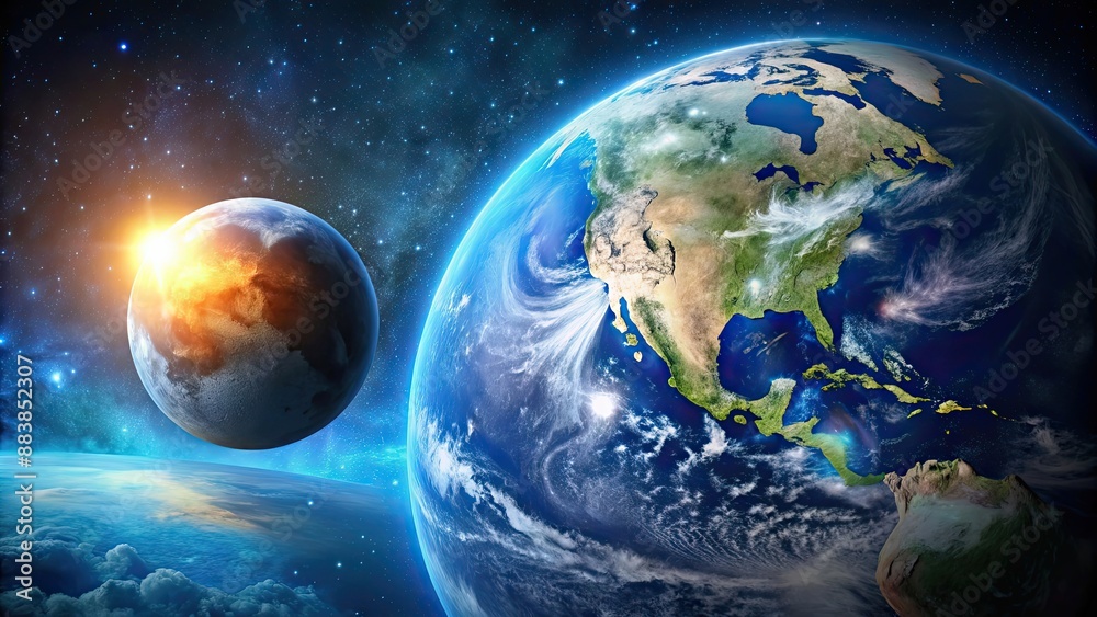Obraz premium A stunning stock photo of the Earth and Moon in the vastness of space, earth, moon, space, universe, astronomy