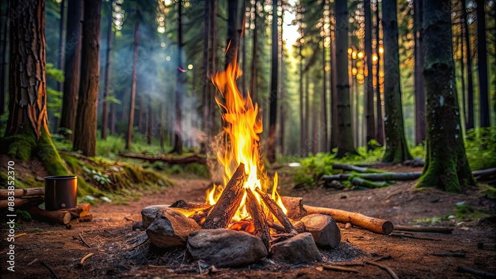 A cozy campfire burning in the middle of a dense forest, camping, wilderness, outdoors, fire pit, flames, trees A cozy campfire burning in the middle of a dense forest, camping, wilderness, outdoors, fire pit, flames, trees