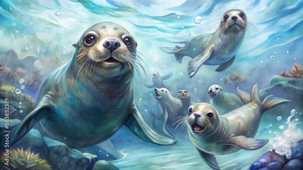 Fototapeta premium Playful sea lions swimming in the ocean,digital, illustration, watercolor
