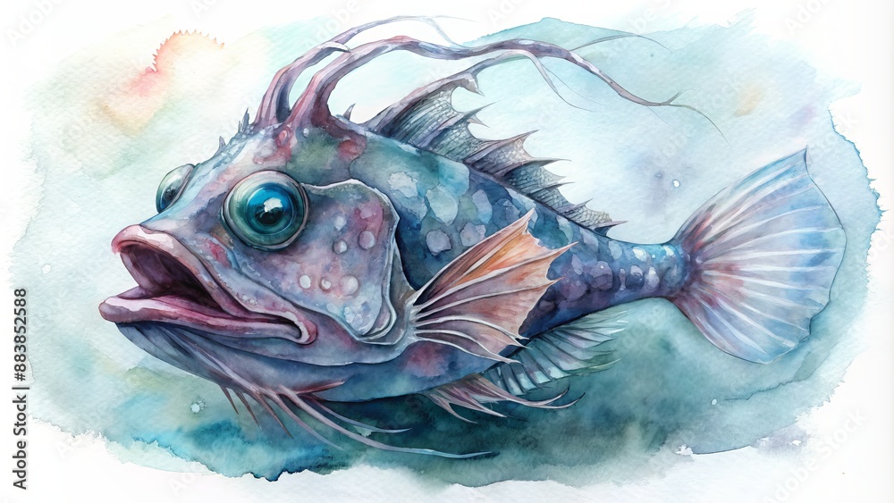 Subdued watercolor design of a deep-sea anglerfish.