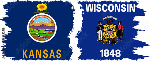 Wisconsin and Kansas states grunge brush flags connection, vector
