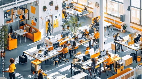 A bustling office floor with employees engaged in various tasks