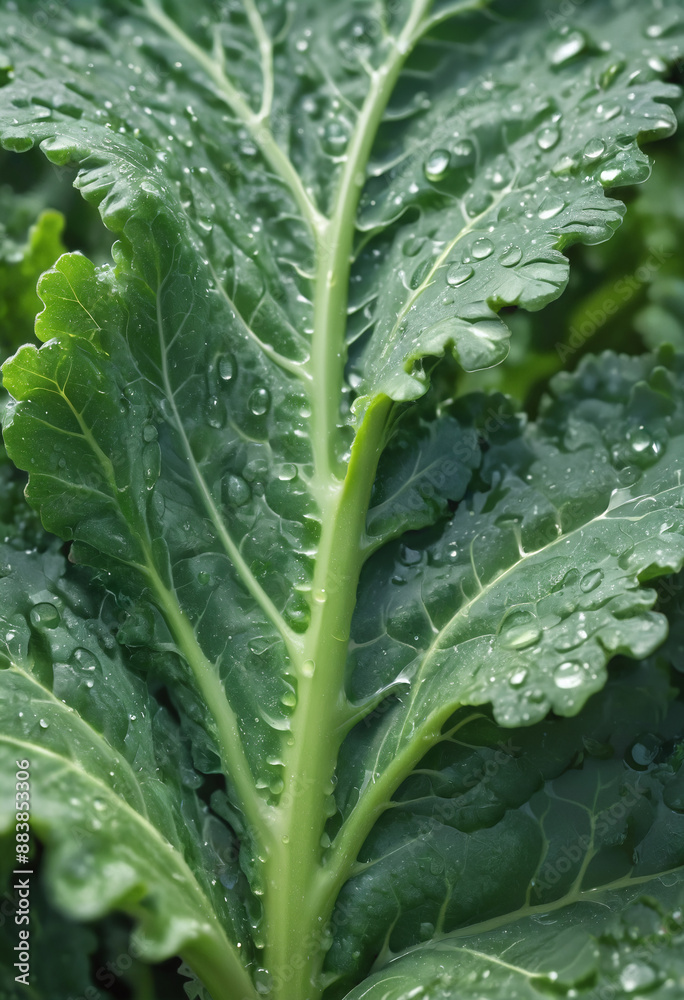 Fresh kale leaf with morning dew, vibrant green vegetable closeup Fresh kale leaf with morning dew, vibrant green vegetable closeup