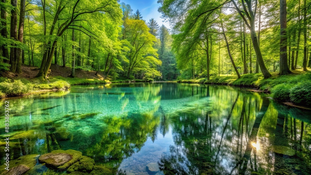 A tranquil forest glade with a crystal-clear pool reflecting lush greenery above, forest, glade, misty, hidden, crystal-clear