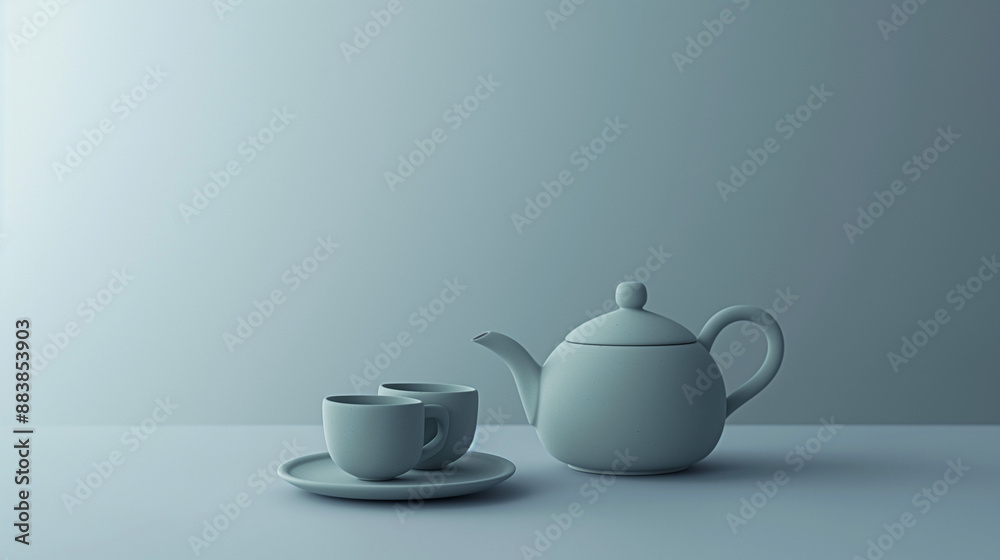 Tea Set on Light Grey Background A simple and minimalist tea set with a matte finish, placed on a light grey pastel background. The set includes a teapot and cups with a modern, understated design Tea Set on Light Grey Background A simple and minimalist tea set with a matte finish, placed on a light grey pastel background. The set includes a teapot and cups with a modern, understated design
